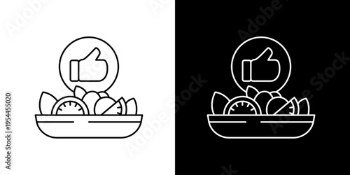 Line art vector icon of a fresh healthy salad bowl with a positive thumbs up gesture, symbolizing excellent food choices and a wholesome wellness lifestyle