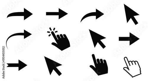 Collection of black cursor arrows and hand icons a graphic silhouette