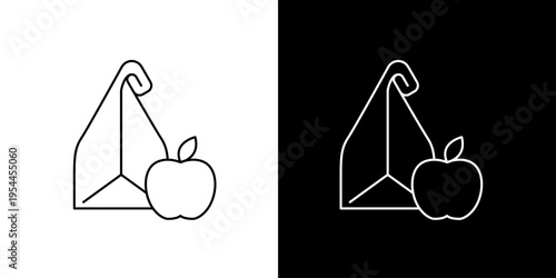 Simple line art icon illustration of a lunch bag with an apple on a black and white background