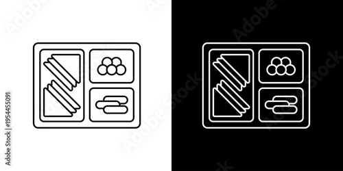 Minimalist line art icon of a compartmentalized meal tray with sandwiches, and small round items on a white and black background