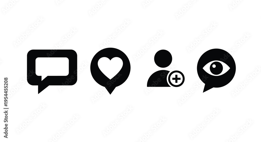 Obraz premium Four social media icons in black depicting communication and interaction silhouette