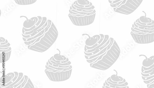 Cupcake Seamless Pattern Design. Sweet Dessert Illustration Style. Repeating Frosted Cupcake Motif. Hand Drawn Bakery Pattern. Pastry Background For Packaging.