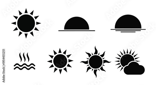 Minimalist weather icons depicting sun clouds and heat a silhouette
