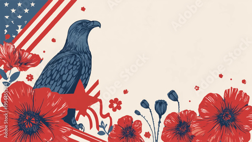 Vector American patriotic banner with eagle and flowers