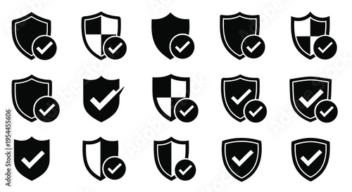 Multiple shield icons with checkmarks a bold black silhouette