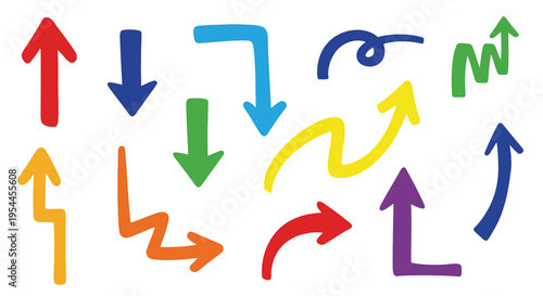 Colorful hand drawn arrows pointing in various directions a bright silhouette