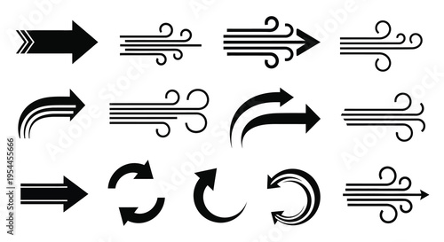 Collection of black arrow designs indicating direction and movement silhouette