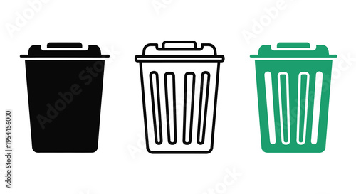 Three trash cans in varying styles a stark black silhouette