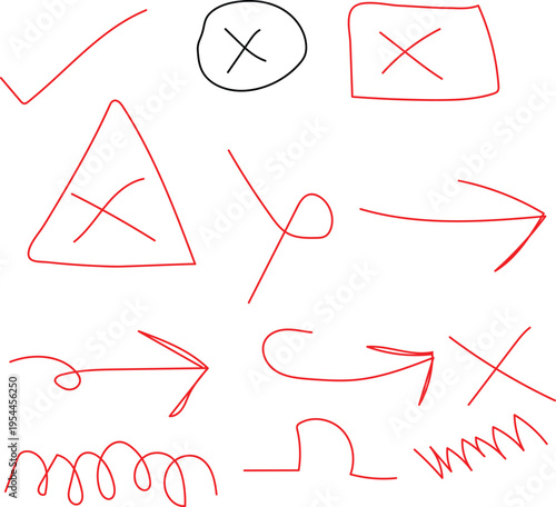 Collection of Hand Drawn Red and Black Marks: Checkmarks, Crosses, Arrows and Scribbles Vector Illustration