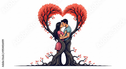 Loving couple embracing under heart shaped tree with red leaves romantic atmosphere valentine's day concept affectionate relationship love and care