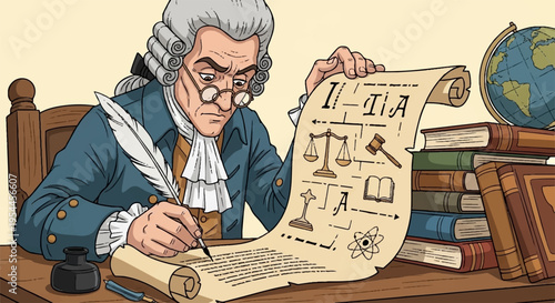 Eighteenth century man writing on parchment with quill in study with books and globe