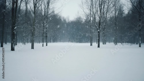 Snow covered forest with bare trees.