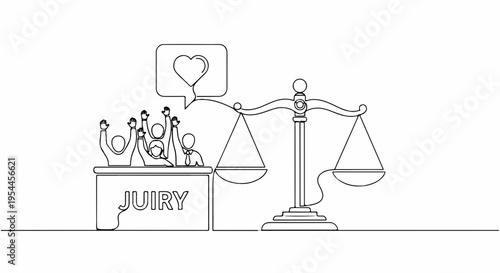 Jury deliberates as justice scale balances with speech bubble symbolizing fairness and law