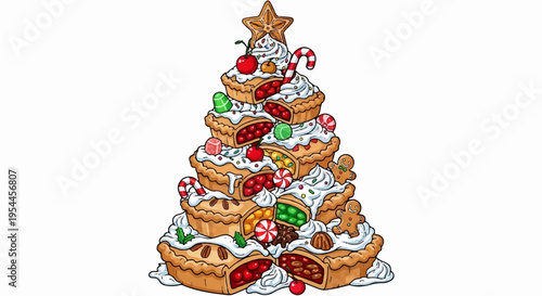 Colorful christmas tree made of stacked cakes with icing and decorations on white background