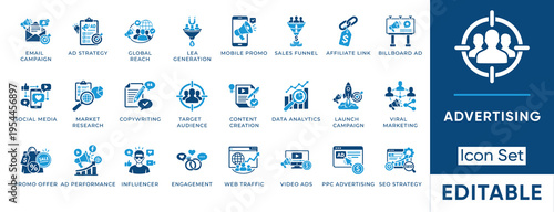 Advertising icon set. Containing marketing, seo, social, media, funnel, target, analytics, campaign, ad, promo and more. Solid vector icons collection.