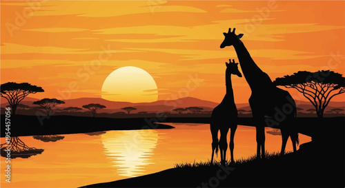 Two giraffes standing on savannah at sunset with serene lake and acacia trees in background
