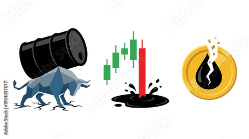 Financial oil market crash graphics with bull carrying barrel price chart and broken coin icon