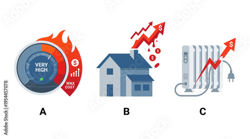 High energy costs concept with very high meter, house, and heater, all with rising prices