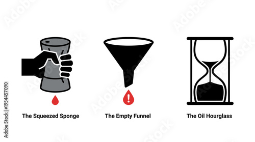 Abstract oil supply metaphors depicting squeezed sponge empty funnel and hourglass icons black