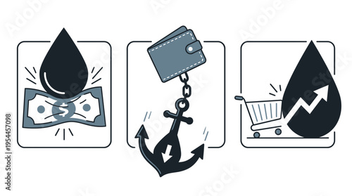 Oil price impact on money, financial anchor, and retail shopping trends illustration