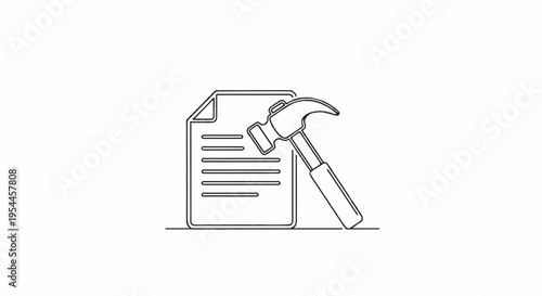 Line drawing of a hammer resting on a document with lines symbolizing construction editing or contract work