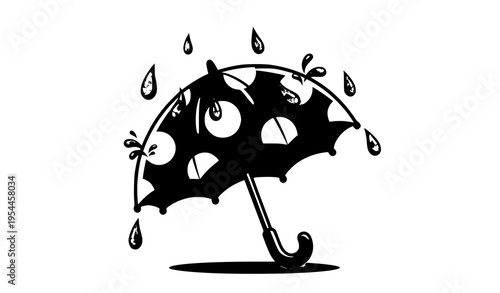 Cartoon yellow umbrella with white polka dots catching raindrops playful rainy day illustration