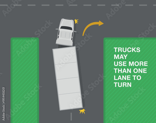 Safe driving tips and rules.Trucks may use more than one lane to turn. Top view of a semi trailer making a wide right turn. Flat vector illustration template.