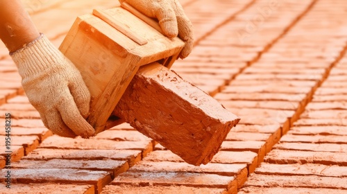 A brick worker inverting a wooden mold to release a freshly formed clay brick.