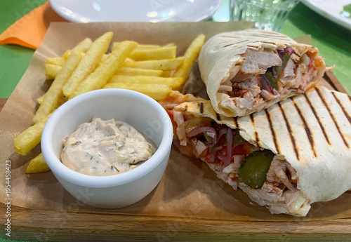 Shawarma with tartar sauce and French fries