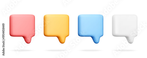 Set of colorful speech bubbles in 3d style. Floating social media notification boxes for digital chat and messaging. Collection of internet communication icons for web element. Vector illustration