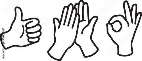 hand gesture thumbs up high five ok sign icon set black white outline vector collection