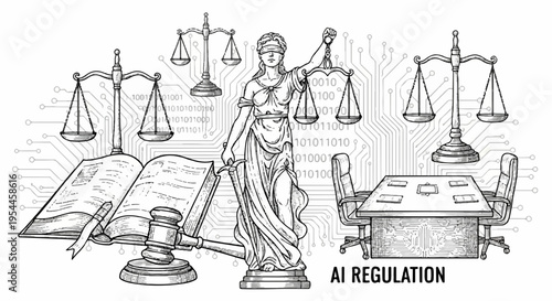 Justice scales and law book near ai regulation text on desk in courtroom with table and chairs
