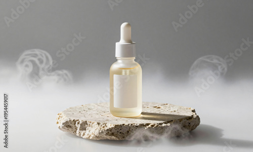 Cosmetic product on stone podium surrounded by drifting fog  Generative AI