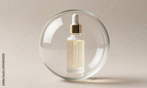 Cosmetic serum bottle inside floating transparent glass  Generative AI