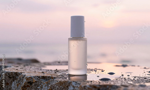 Cosmetic serum bottle on wet stone surface with soft rain droplets and pastel sky reflection  Generative AI