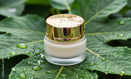 Luxury skincare jar resting on large rain-soaked leaf with water droplets macro texture  Generative AI