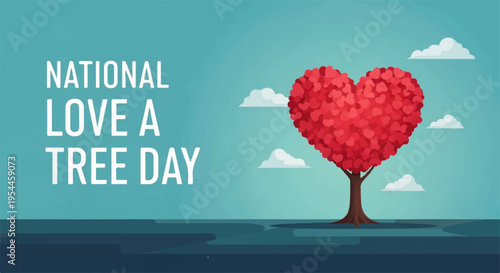 Heart shaped tree on national love a tree day with clouds and blue background