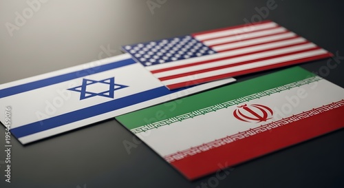 Flags of israel united states and iran on a table