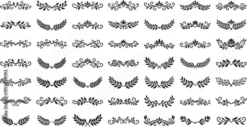 Collection of Black Decorative Flourishes and Laurel Wreaths on White Background ornament design element