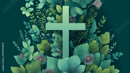 Vector cross symbol surrounded by green leaves and flowers
