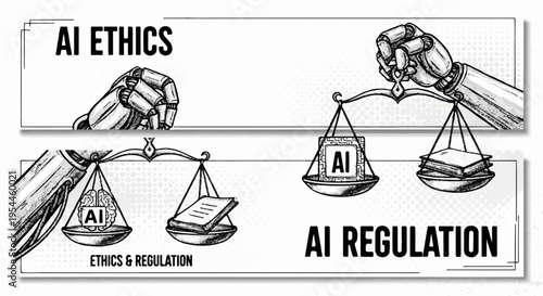 Robot hand balancing scales with ai ethics and regulation concepts symbolizing technology governance