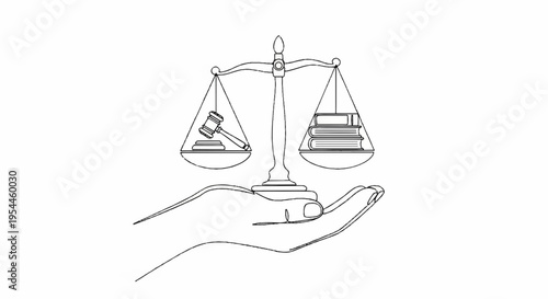 Hand holding a balance scale with law book and gavel symbolizing justice and fairness in a simple line drawing