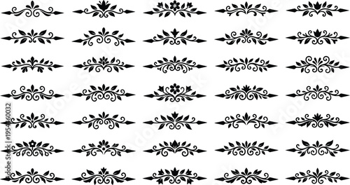 Collection of black floral ornamental dividers and borders on a white background flourish decorative