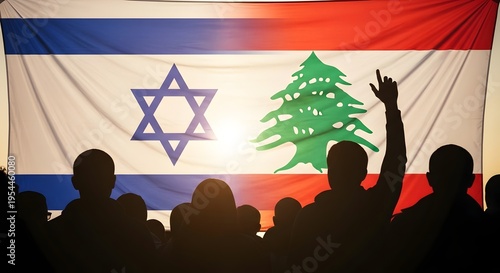 A crowd in front of a mashup flag of israel and lebanon