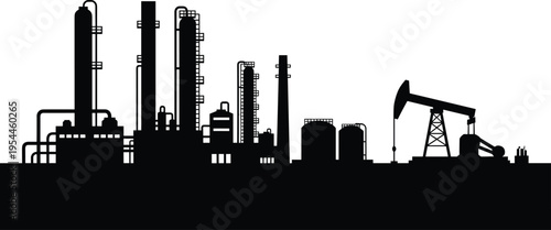 Oil Refinery Silhouette Illustration — Industrial Energy Infrastructure Petroleum Processing Pump Jack Storage Tanks and Complex System Theme Artwork for Stock Art Success