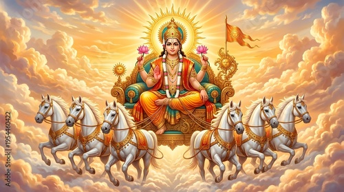 Hindu Sun God Surya Riding Chariot with Horses in Vibrant Sky
