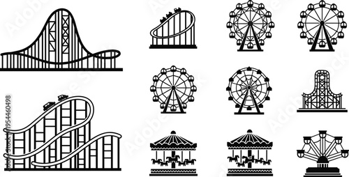 Amusement park rides silhouette vector illustration design graphic, entertainment tourism lifestyle art concept, black and white decorative creative collection