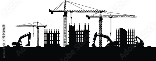 Construction Site Silhouette Illustration — Tower Cranes Excavators Urban Development Infrastructure Building Projects and Industrial Design Theme Artwork for Stock Art Success