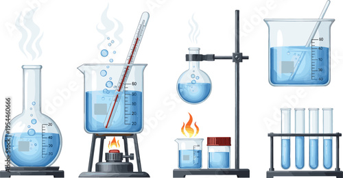 Chemistry laboratory experiment set with beakers, flasks, test tubes and heating equipment, scientific research vector illustration isolated on white background