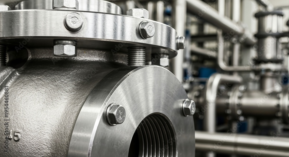 Fototapeta premium Industrial Steel Infrastructure with Equipment, Pipework, Bolted Connections, and Plumbing Systems